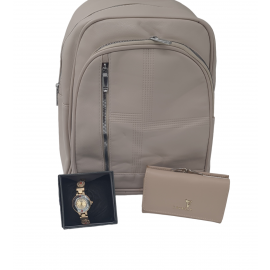 Set Rucsac Bej, Portofel + Ceas
