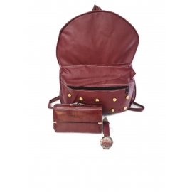 Set Rucsac Visiniu Cu Detalii Auri, Portofel + Ceas